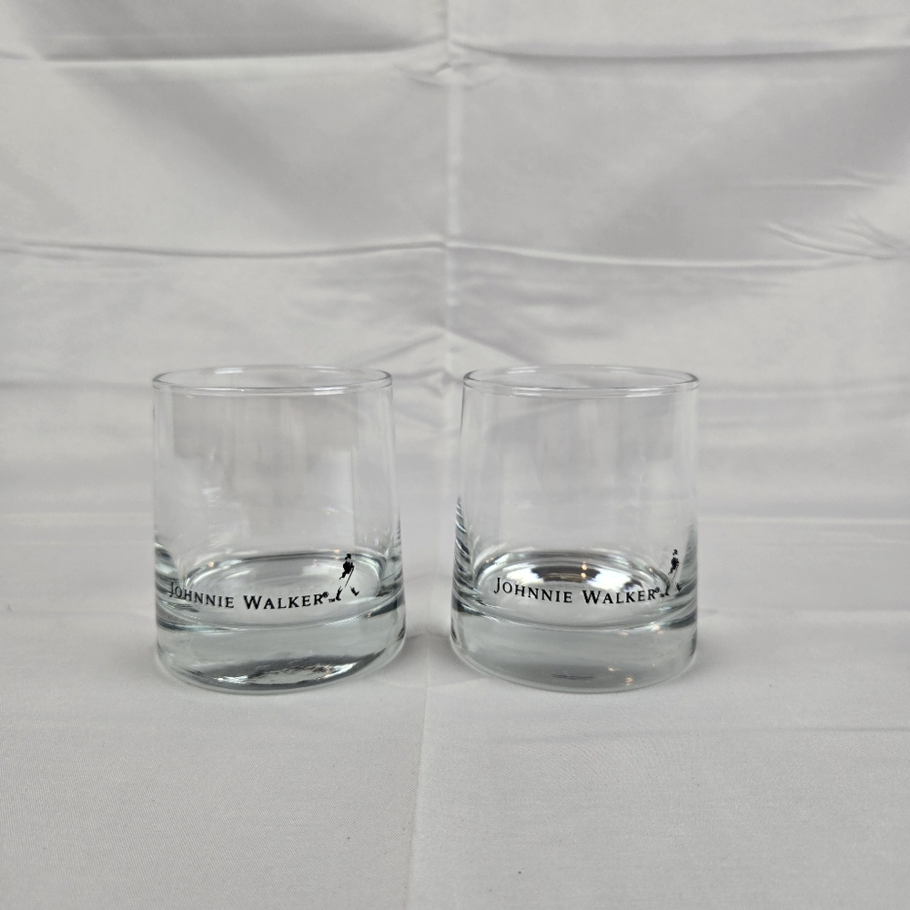 Johnnie Walker Whisky Glasses Black Letters Walking Rare Lot of 2 Vintage